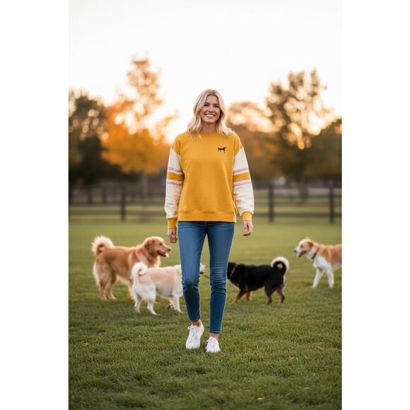 Anthropologie Tops - By Anthropologie Maeve L Gold Black Dog Graphic Pink Striped Sleeve Sweatshirt